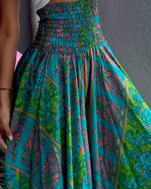 Naiste ülisuured püksid 2024 kevad/suvi uusimad vabaaja Boho Vintage Tribal Paisley Print Shirred kõrge vöökoha laiad püksid