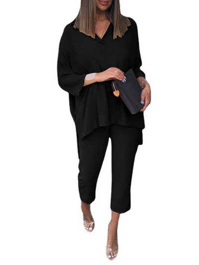 Alkalmi női szett, divatos kerek nyakú felső + nadrág irodai női öltöny, 2 részes, bő, V nyakú, vintage női ruhák, 2023. ősz