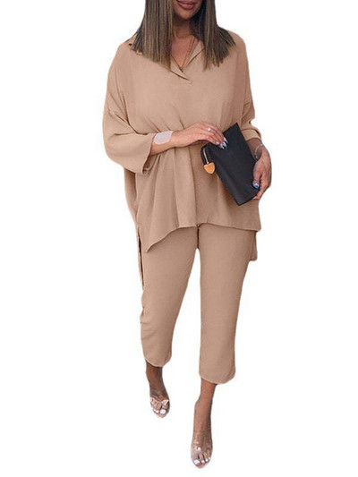 Alkalmi női szett, divatos kerek nyakú felső + nadrág irodai női öltöny, 2 részes, bő, V nyakú, vintage női ruhák, 2023. ősz