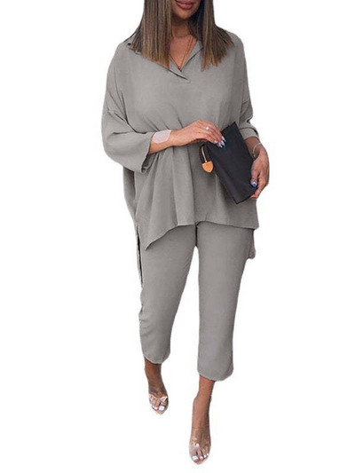 Alkalmi női szett, divatos kerek nyakú felső + nadrág irodai női öltöny, 2 részes, bő, V nyakú, vintage női ruhák, 2023. ősz