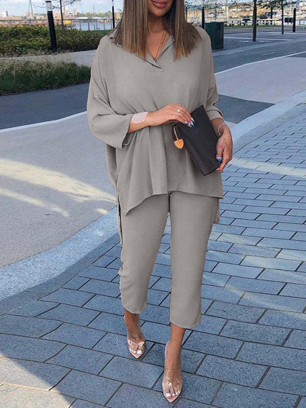 Alkalmi női szett, divatos kerek nyakú felső + nadrág irodai női öltöny, 2 részes, bő, V nyakú, vintage női ruhák, 2023. ősz