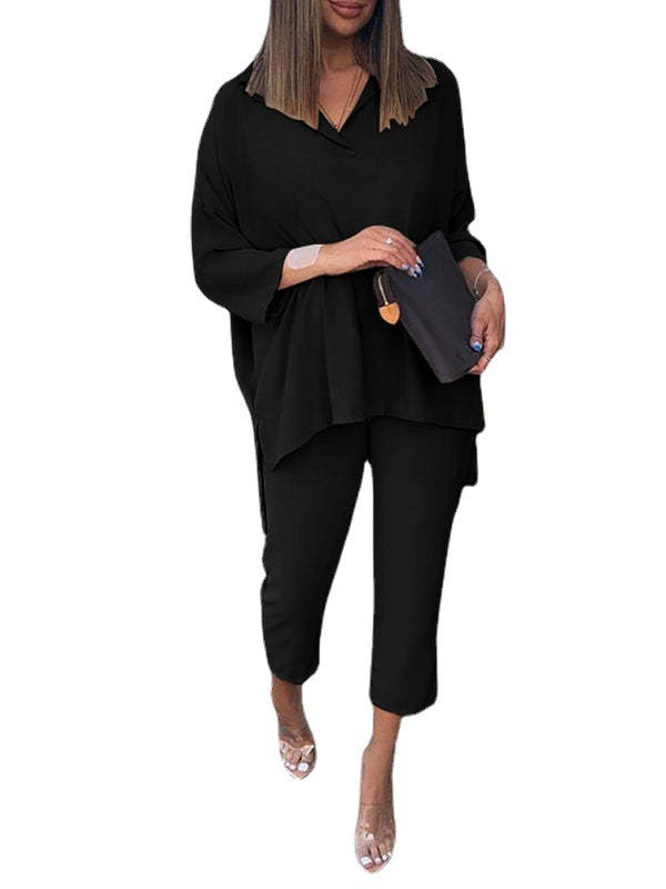Alkalmi női szett, divatos kerek nyakú felső + nadrág irodai női öltöny, 2 részes, bő, V nyakú, vintage női ruhák, 2023. ősz