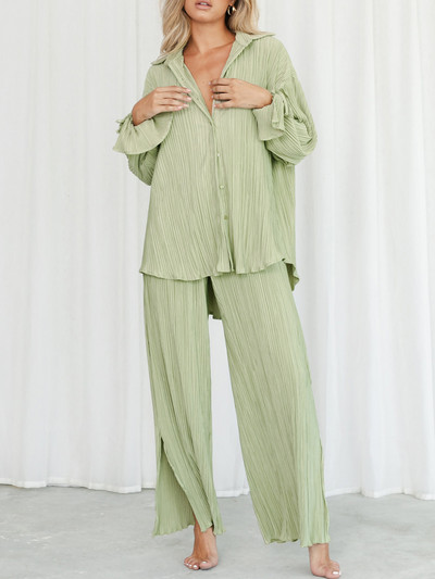 Ženski set odijela s plisiranim hlačama Ležerni šik jednobojni dugi rukavi, prevelike i široke hlače Hlače Elegantna trenirka 2023.