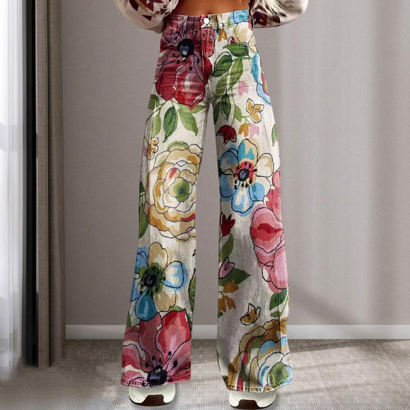 Ženske hlače Ženske hlače širokih nogavica Ženske široke hlače s digitalnim cvjetnim printom s džepovima Retro srednjeg rasta na gumbe i patent zatvarač