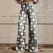 Pantaloni imprimați cu fermoar cu nasturi Pantaloni de damă cu imprimeu floral vintage Pantaloni lați cu talie înaltă pentru femei Pantaloni retro cu muschi cu nasturi