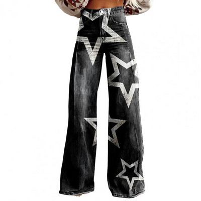 Pantaloni imprimați cu fermoar cu nasturi Pantaloni de damă cu imprimeu floral vintage Pantaloni lați cu talie înaltă pentru femei Pantaloni retro cu muschi cu nasturi