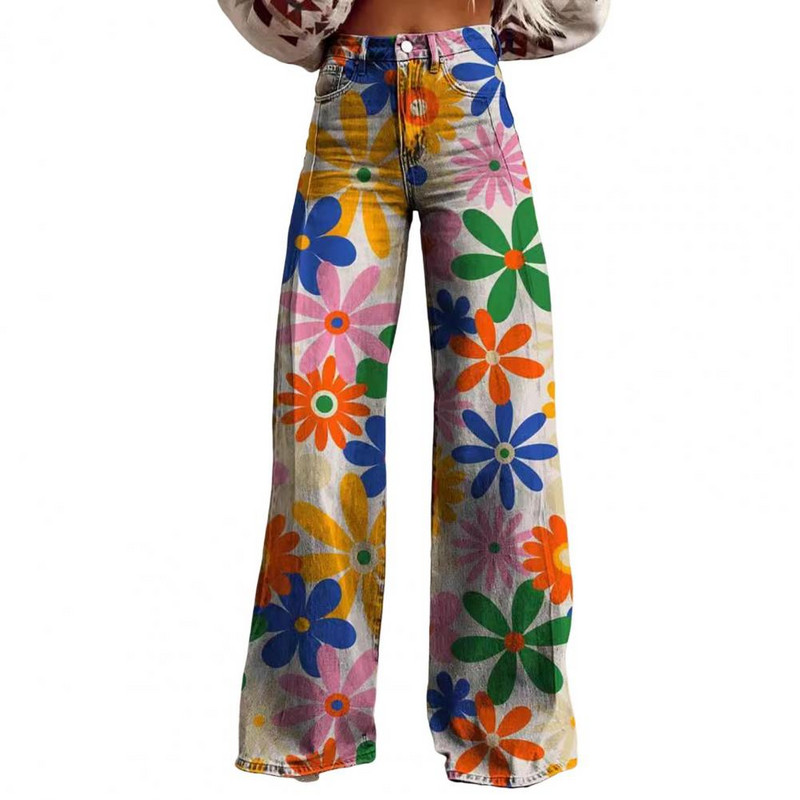 Pantaloni imprimați cu fermoar cu nasturi Pantaloni de damă cu imprimeu floral vintage Pantaloni lați cu talie înaltă pentru femei Pantaloni retro cu muschi cu nasturi