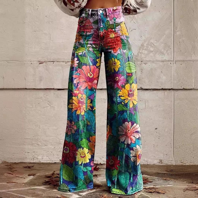 Pantaloni imprimați cu fermoar cu nasturi Pantaloni de damă cu imprimeu floral vintage Pantaloni lați cu talie înaltă pentru femei Pantaloni retro cu muschi cu nasturi