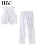 TRAF triibuline pidžaama stiilis pükste komplektid naistele, 2 osa, 2024, uus moodne triibuline püksid, naiste ülikond, kaheosaline komplekt, naiste komplekt
