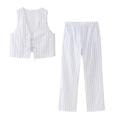 TRAF triibuline pidžaama stiilis pükste komplektid naistele, 2 osa, 2024, uus moodne triibuline püksid, naiste ülikond, kaheosaline komplekt, naiste komplekt