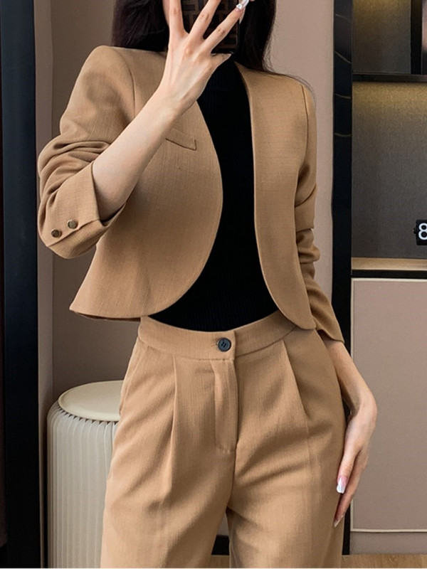Uus kevadine naiste bleiser, kaheosaline komplekt kontoris Slim Crop jakid laia säärega püksid, naiste komplektid, stiilsed püksid, ülikond, riided