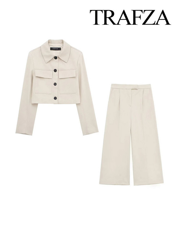 TRAFZA kevadine naiste mood üherealine jakk kontori lühike bleiser + elegantne naiste kõrge vöökoha lukuga vabaaja pükskostüüm