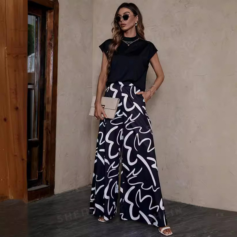 Ležerne hlače širokih nogavica s printom Ženske modne ulične hlače s visokim strukom Jednostavne hlače Ženske boho široke široke sve odgovarajuće hlače Crne