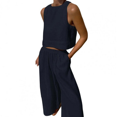 Suvevarustus Naiste riietus1 komplekt Vest Püksid Ülikond Ümar kaelus Ühevärviline Varrukateta Lai jalg Kaheosaline Komplekt vabaajarõivaste Puuvill Bl