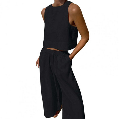 Suvevarustus Naiste riietus1 komplekt Vest Püksid Ülikond Ümar kaelus Ühevärviline Varrukateta Lai jalg Kaheosaline Komplekt vabaajarõivaste Puuvill Bl