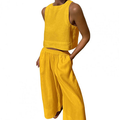 Suvevarustus Naiste riietus1 komplekt Vest Püksid Ülikond Ümar kaelus Ühevärviline Varrukateta Lai jalg Kaheosaline Komplekt vabaajarõivaste Puuvill Bl