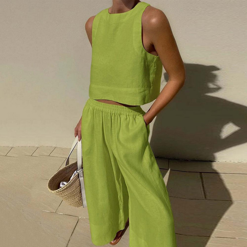 Suvevarustus Naiste riietus1 komplekt Vest Püksid Ülikond Ümar kaelus Ühevärviline Varrukateta Lai jalg Kaheosaline Komplekt vabaajarõivaste Puuvill Bl