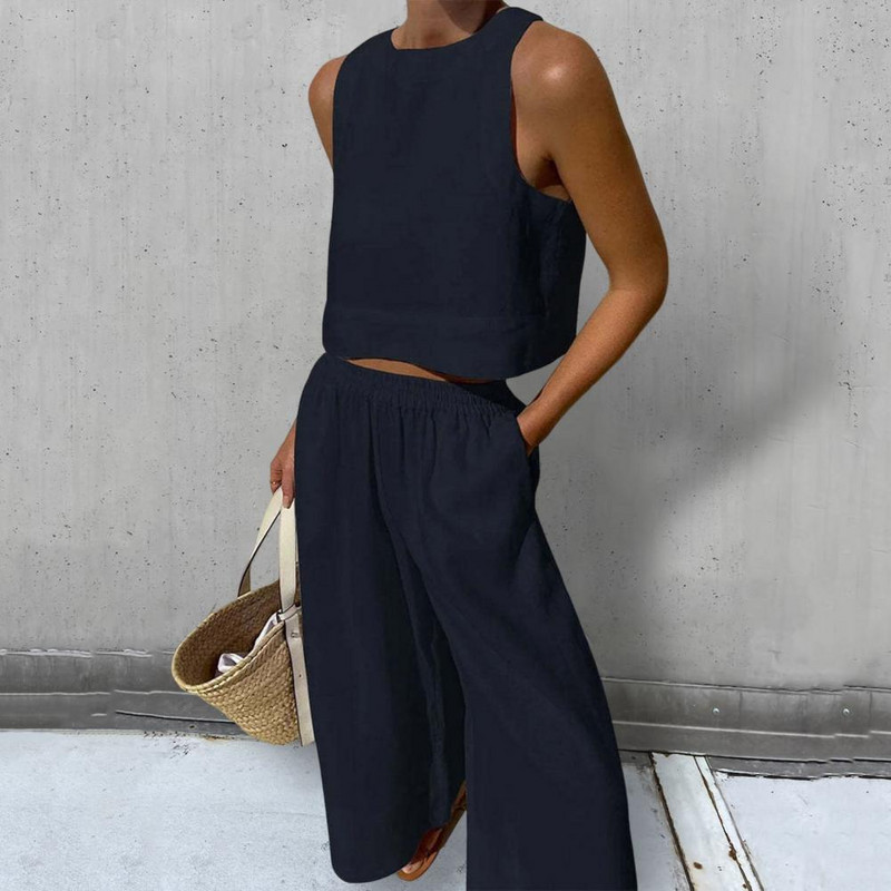 Suvevarustus Naiste riietus1 komplekt Vest Püksid Ülikond Ümar kaelus Ühevärviline Varrukateta Lai jalg Kaheosaline Komplekt vabaajarõivaste Puuvill Bl