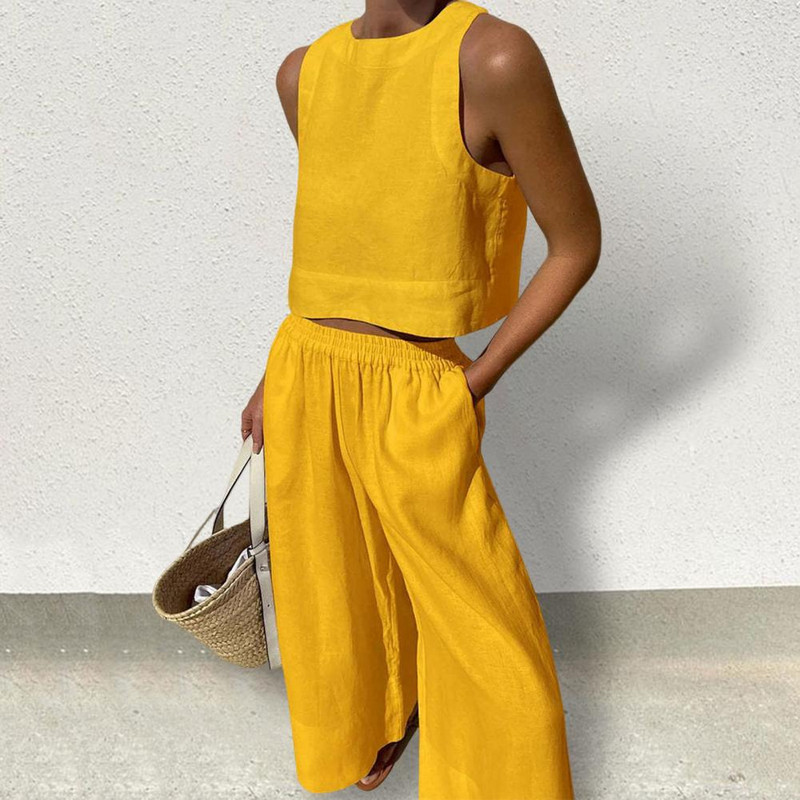 Suvevarustus Naiste riietus1 komplekt Vest Püksid Ülikond Ümar kaelus Ühevärviline Varrukateta Lai jalg Kaheosaline Komplekt vabaajarõivaste Puuvill Bl
