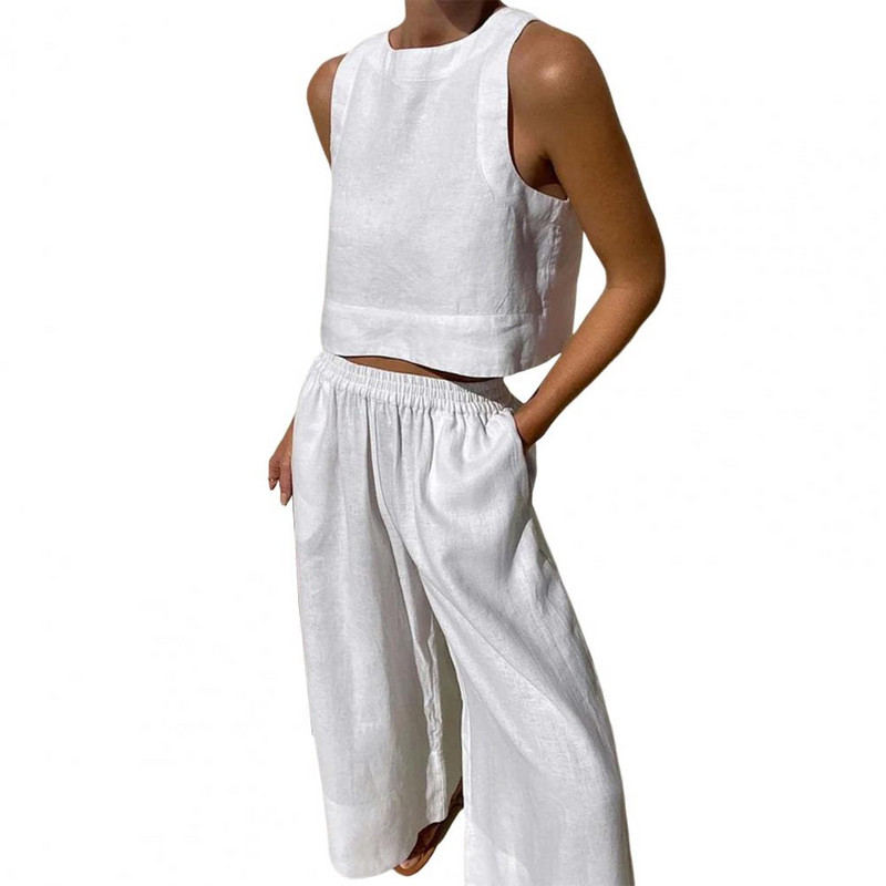 Suvevarustus Naiste riietus1 komplekt Vest Püksid Ülikond Ümar kaelus Ühevärviline Varrukateta Lai jalg Kaheosaline Komplekt vabaajarõivaste Puuvill Bl