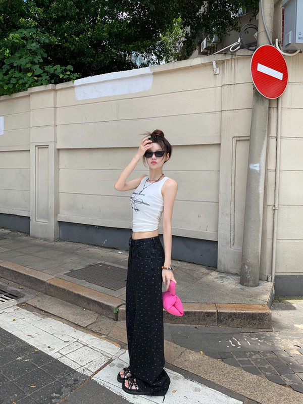 Musta täpiga sirged teksad Naiste kõrge vöökohaga lahtised laiad püksid Sügistalvine mood Korea Y2k tänavarõivad pikad püksid