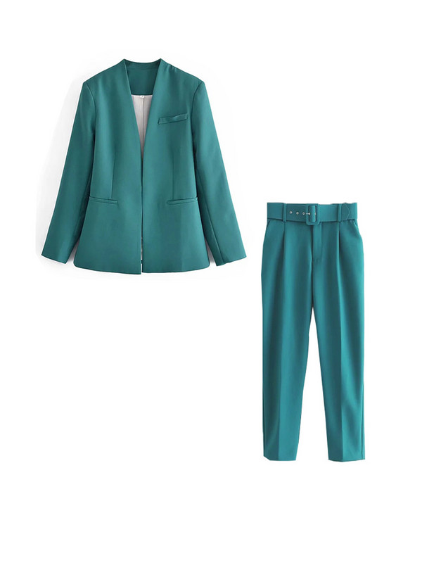 Icclek naiste ülikond, roheline pükskostüümid koos vööga, naine, 2-osaline pükskostüüm, pükskostüüm, bleiser, kontoripükste komplektid, naiste ülikonnad