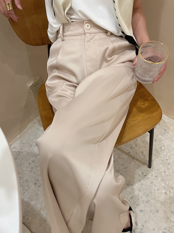 Ljeto 2023. Nove ženske hlače od svilenog satena visokog struka Ležerne crne korejske modne hlače širokih nogavica za žene Prevelike hlače