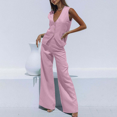 Kiváló minőségű női öltöny női öltöny szett női pamut vászon széles lábú öltöny szett ujjatlan mellény hosszú nadrág irodai felszerelés