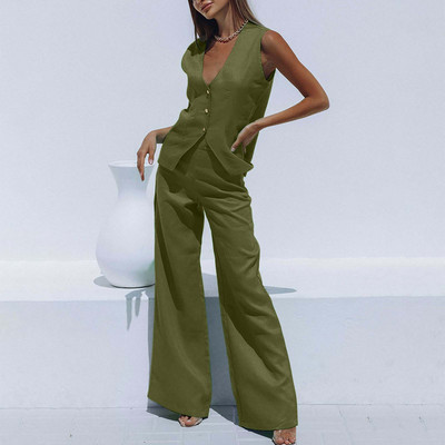 Kiváló minőségű női öltöny női öltöny szett női pamut vászon széles lábú öltöny szett ujjatlan mellény hosszú nadrág irodai felszerelés