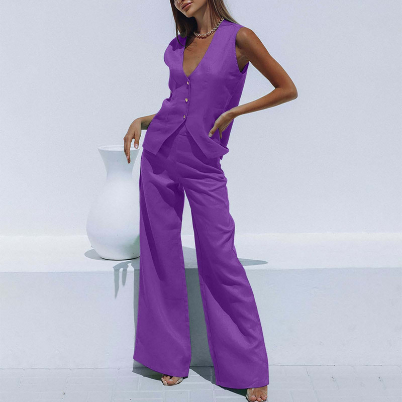 Kiváló minőségű női öltöny női öltöny szett női pamut vászon széles lábú öltöny szett ujjatlan mellény hosszú nadrág irodai felszerelés