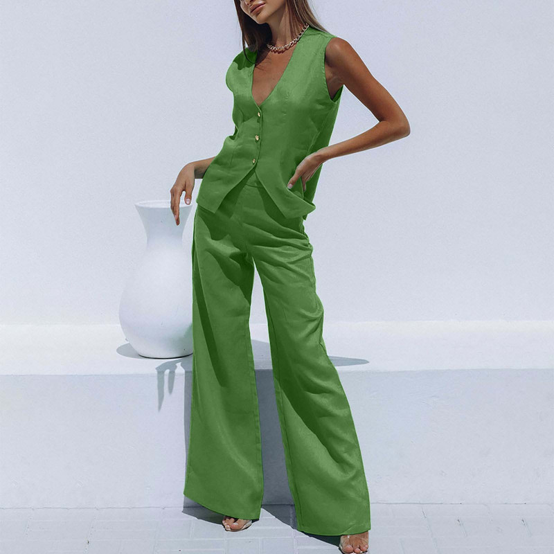 Kiváló minőségű női öltöny női öltöny szett női pamut vászon széles lábú öltöny szett ujjatlan mellény hosszú nadrág irodai felszerelés