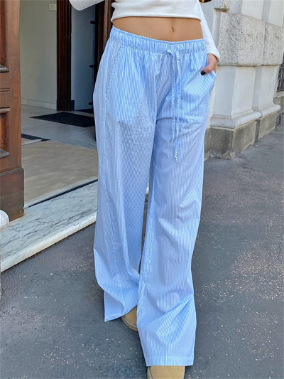 Csíkos derékközépen, húzózsinóros hosszú női nadrágok tavaszi nyár alkalmi utcai bő, egyenes lábú nadrágok divatos alsók
