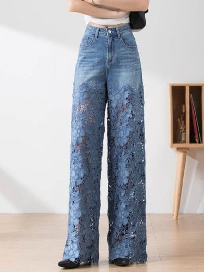 Modne, elegantne traperice za žene visokog struka, čipkane patchwork pantalone, izdubljene traper hlače, ležerne široke hlače za sve vrste 2024.