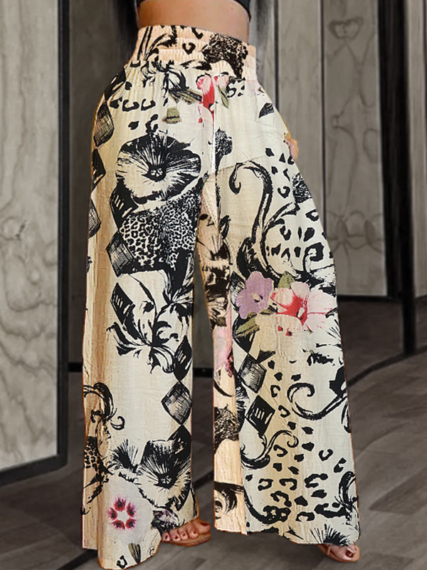 Plus veličina 5XL Ljeto 2023. Novi kontrastni uzorak širokih nogavica Hlače Modne trendi i svestrane ženske hlače s elastičnim strukom
