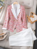 Moodne punane ruuduline naiste bleiserikomplekt, sobib naistele jakk, pikkade varrukatega, üherealine elegantne vabaaja valgete pükste 2-osaline komplekt