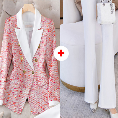 Moodne punane ruuduline naiste bleiserikomplekt, sobib naistele jakk, pikkade varrukatega, üherealine elegantne vabaaja valgete pükste 2-osaline komplekt