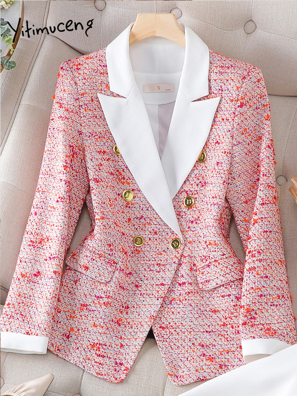 Moodne punane ruuduline naiste bleiserikomplekt, sobib naistele jakk, pikkade varrukatega, üherealine elegantne vabaaja valgete pükste 2-osaline komplekt