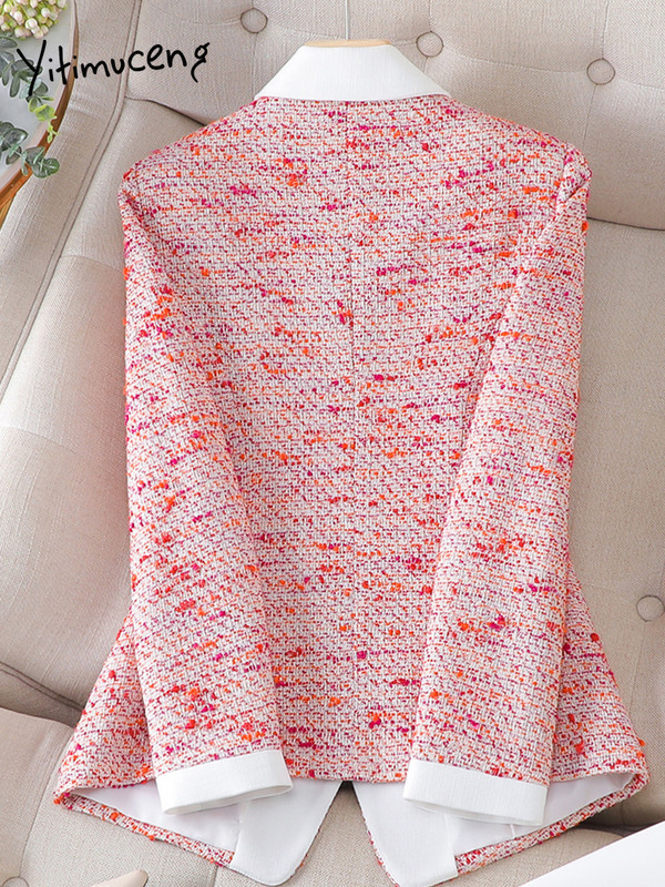 Moodne punane ruuduline naiste bleiserikomplekt, sobib naistele jakk, pikkade varrukatega, üherealine elegantne vabaaja valgete pükste 2-osaline komplekt