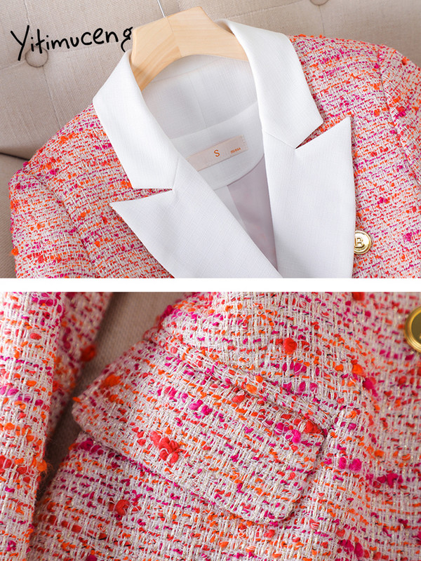 Moodne punane ruuduline naiste bleiserikomplekt, sobib naistele jakk, pikkade varrukatega, üherealine elegantne vabaaja valgete pükste 2-osaline komplekt