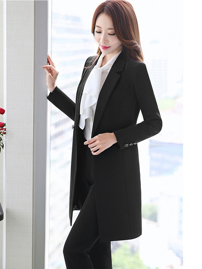 Női munka, üzleti viselet, nadrág öltöny borkék fekete hosszú blézer szett Elegáns kabát és nadrág 2 részes