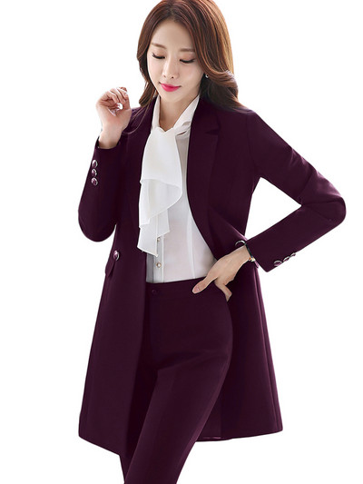 Női munka, üzleti viselet, nadrág öltöny borkék fekete hosszú blézer szett Elegáns kabát és nadrág 2 részes