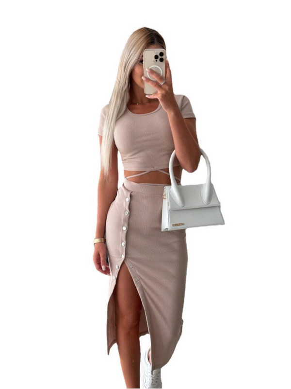 Tanka suknja visokog struka 2-dijelni set Ženski jednobojni nepravilni paket Uz bokove Seksi setovi suknji s prorezima Ulična odjeća Y2k Clothing