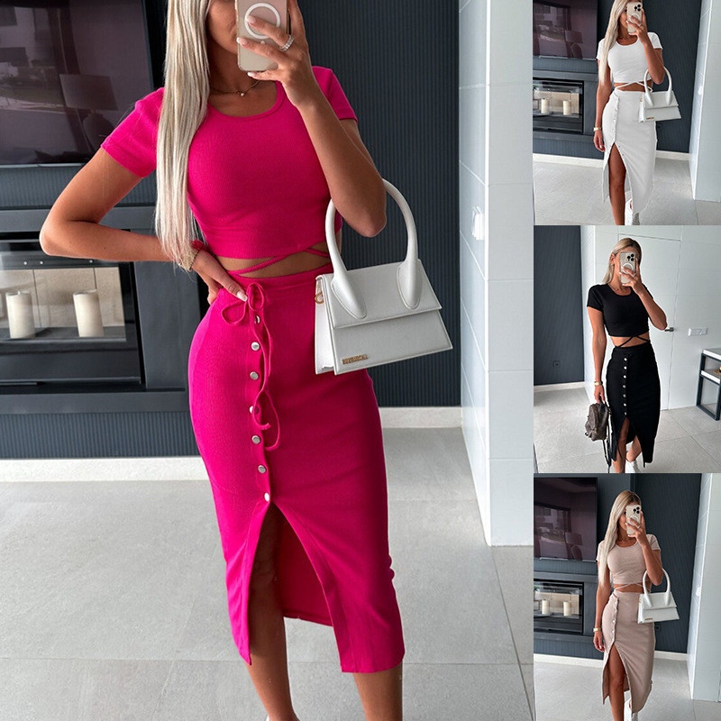 Tanka suknja visokog struka 2-dijelni set Ženski jednobojni nepravilni paket Uz bokove Seksi setovi suknji s prorezima Ulična odjeća Y2k Clothing