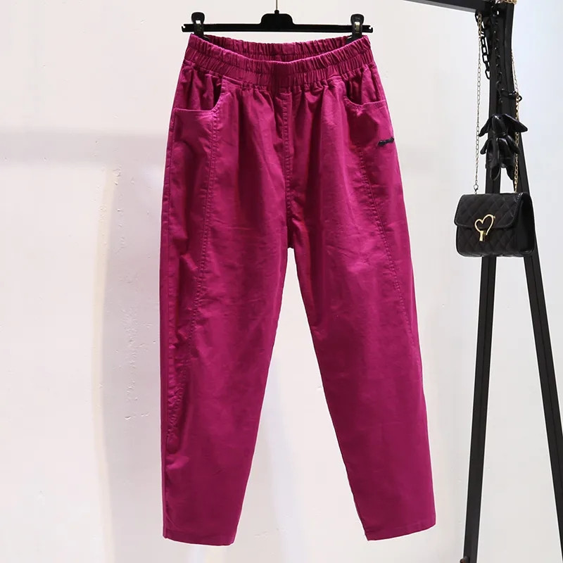 Puuvillane linane haaremipüksid, õhukesed, uued suvised lahtised naiste kommid, värvilised vabaaja kombinesoonid, naiste elastsed kõrge vöökohaga sirged püksid 5XL