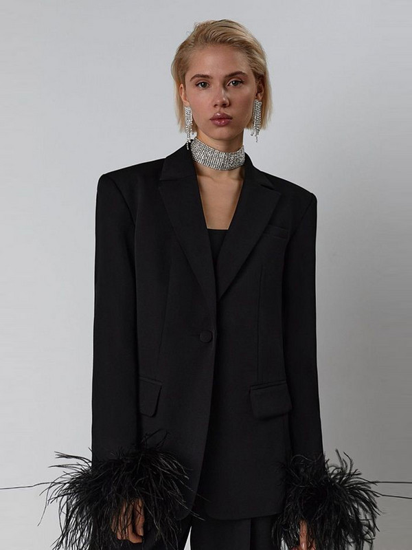 Szexi blézer nadrágkosztümök női fekete rózsa piros toll hosszú ujjú blézer dzseki + magas derekú nadrág kétrészes szett estélyi parti öltönyök