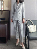 [LANMREM] Ženski uredski set odijela s dvostrukim kopčanjem, sakoi visokog struka, uske hlače, novo proljeće 2024. 26D9086