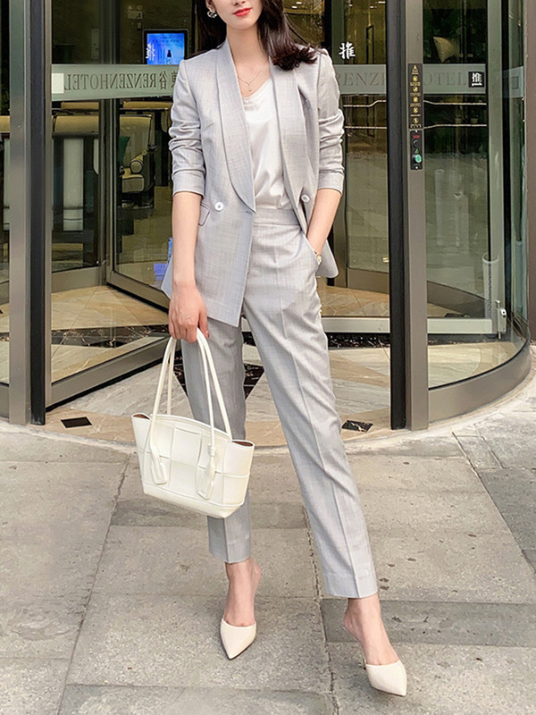 [LANMREM] Ženski uredski set odijela s dvostrukim kopčanjem, sakoi visokog struka, uske hlače, novo proljeće 2024. 26D9086