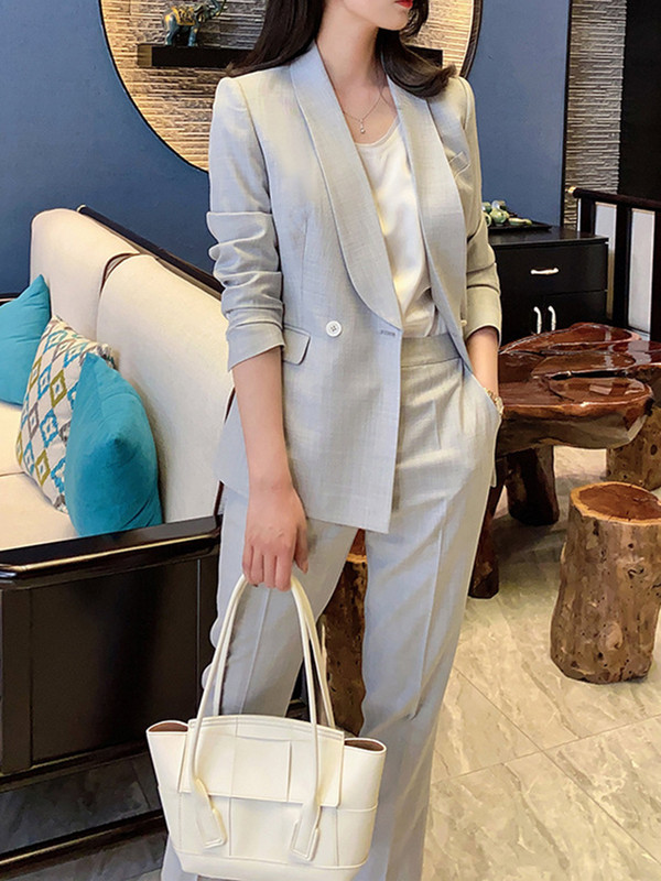 [LANMREM] Ženski uredski set odijela s dvostrukim kopčanjem, sakoi visokog struka, uske hlače, novo proljeće 2024. 26D9086