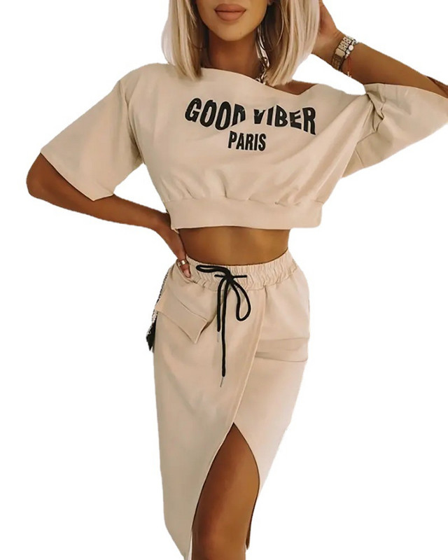 Dvodijelni kompleti suknji Ženske majice s slovnim kosim ovratnikom i kratkim rukavima Pulover košulja Suknje s djelicama na čipku Jesenska haljina do struka