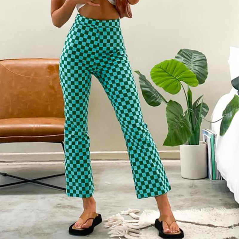 Y2K vintage püksid vabaaja 90ndate naiste Lorelai tšekk kitsad pikad püksid kõrge vöökohaga ruuduline trükitud õhukesed püksid E-tüdrukute mood